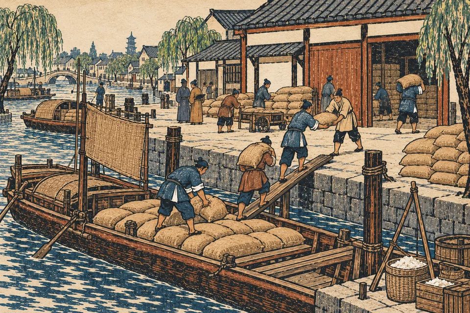 Boats unloading sacks of grain at a snowy canal wharf